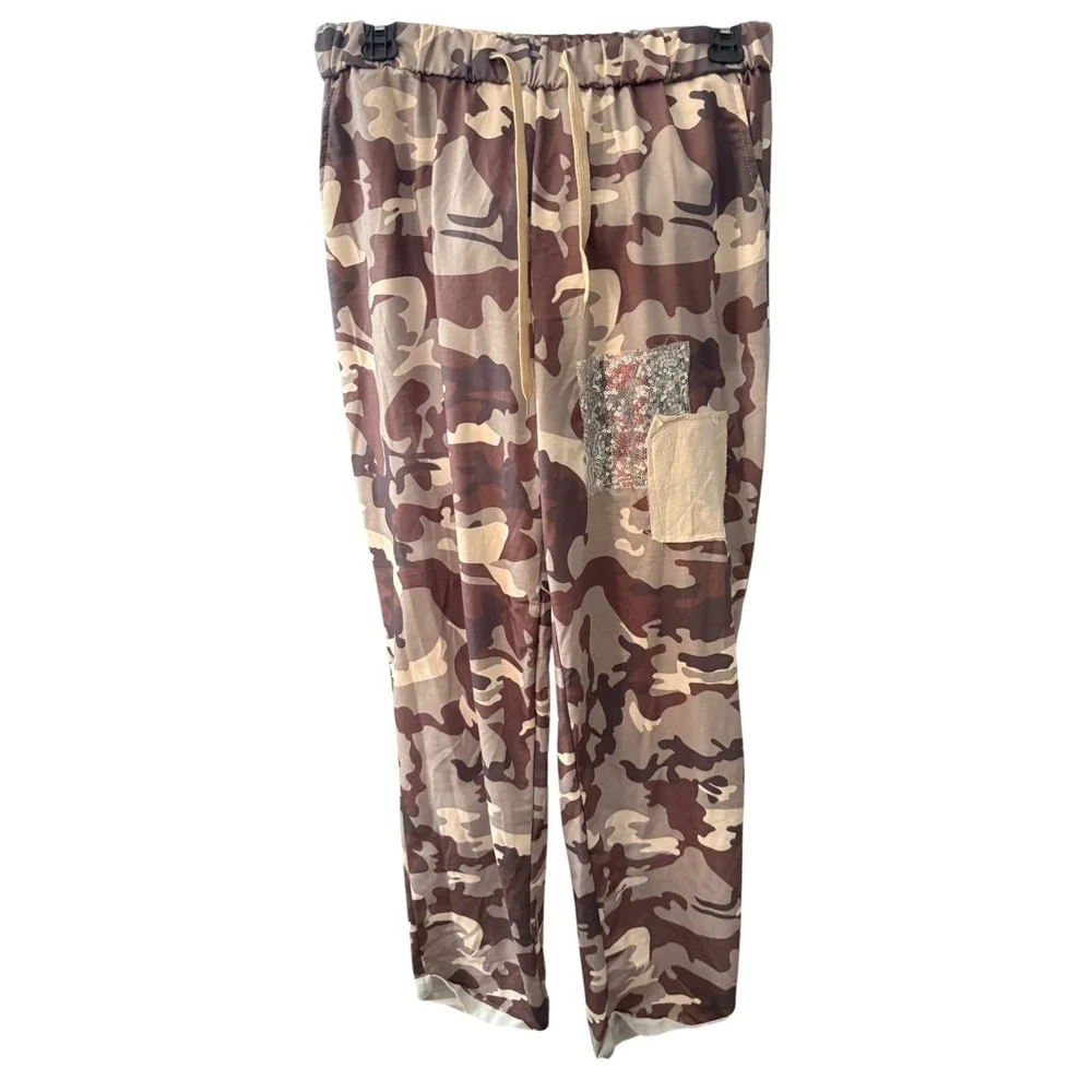 Camo‎ Print Sequin Patch Joggers Brown Tan XL Elastic Waist Drawstring Pants